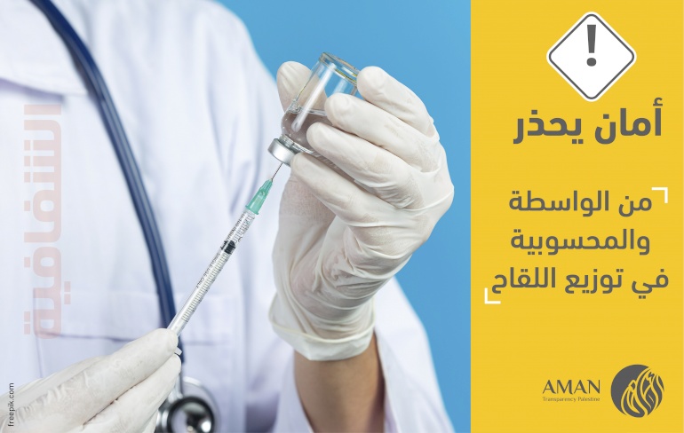  أمان يحذر بشدة من أن استمرار توزيع لقاح كورونا خارج إطار خطة واضحة ومنشورة سيؤدي الى غضب الشارع الفلسطيني وإثارة البلبلة والفوضى