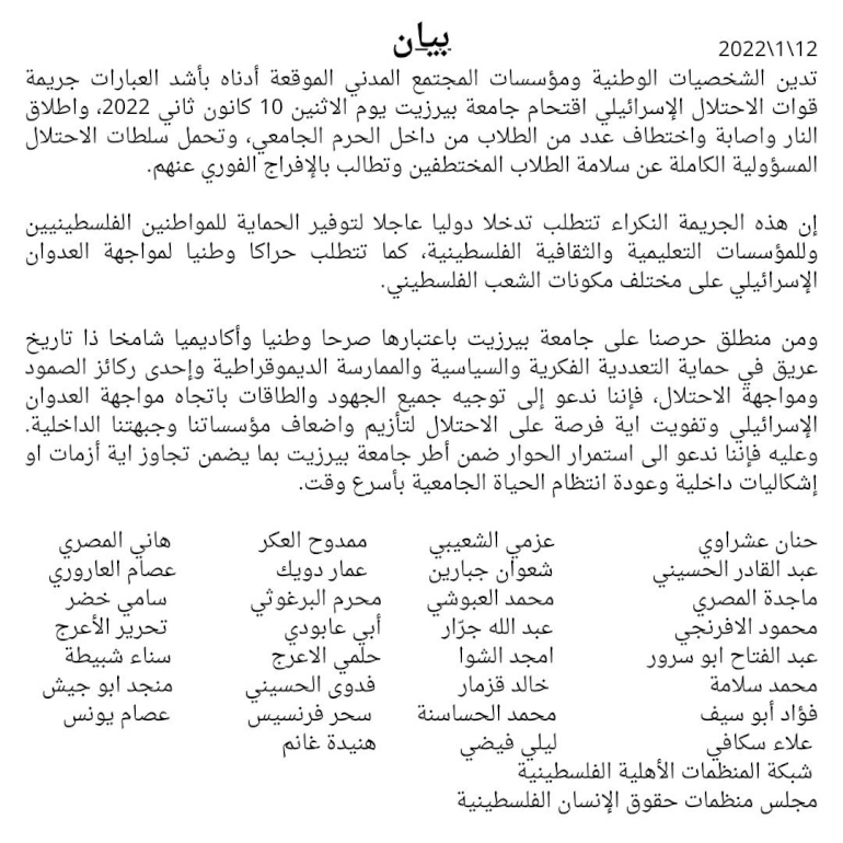 الشخصيات الوطنية ومؤسسات المجتمع المدني تدين جريمة قوات الاحتلال الإسرائيلي باقتحام جامعة بيرزيت