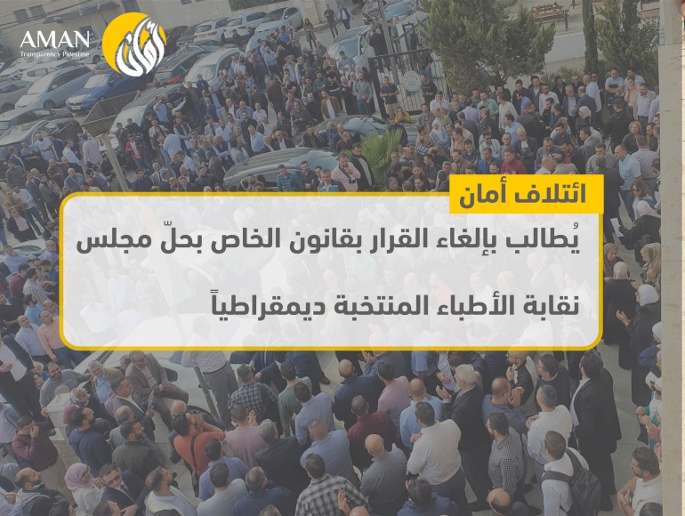 AMAN calls for revoking the Law by Decree on dissolution of the democratically election board of the Palestinian Medical Association