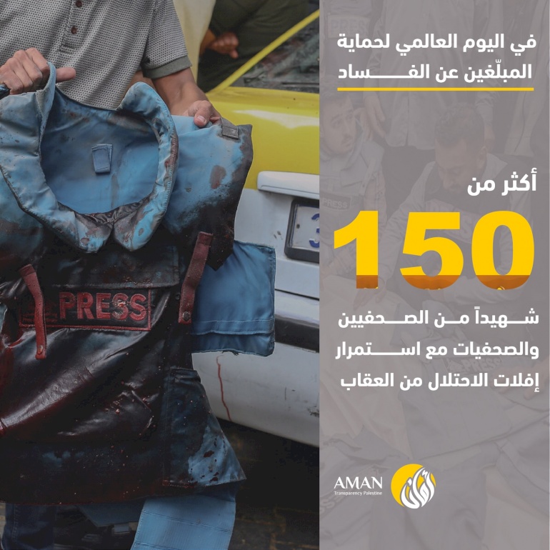 في اليوم العالمي لحماية المبلّغين عن الفساد.. أكثر من 150 شهيداً من الصحفيين والصحفيات مع استمرار إفلات الاحتلال من العقاب