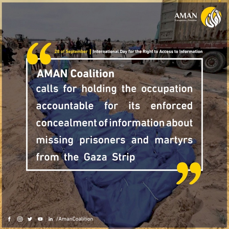 AMAN Coalition calls for holding the occupation accountable for its enforced concealment of information about missing prisoners and martyrs from the Gaza Strip