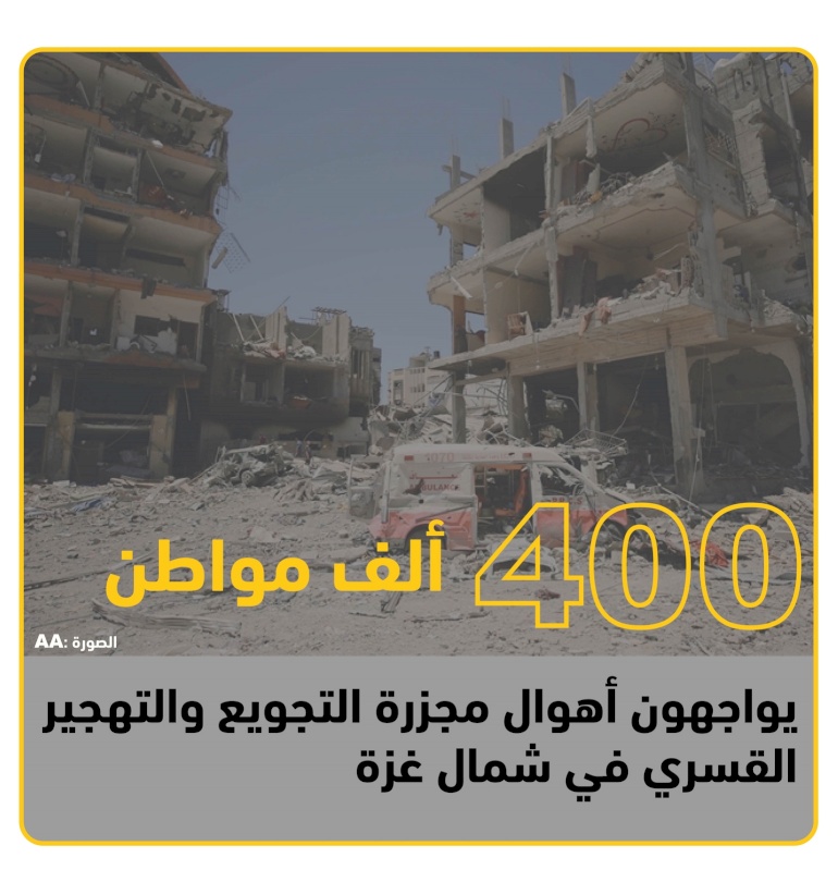 400 ألف مواطن يواجهون أهوال مجزرة التجويع والتهجير القسري في شمال غزة