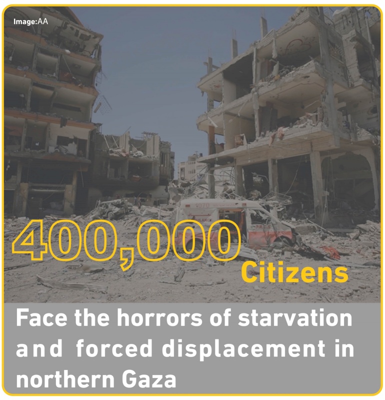 400,000  citizens face the horrors of starvation  and forced displacement in northern Gaza