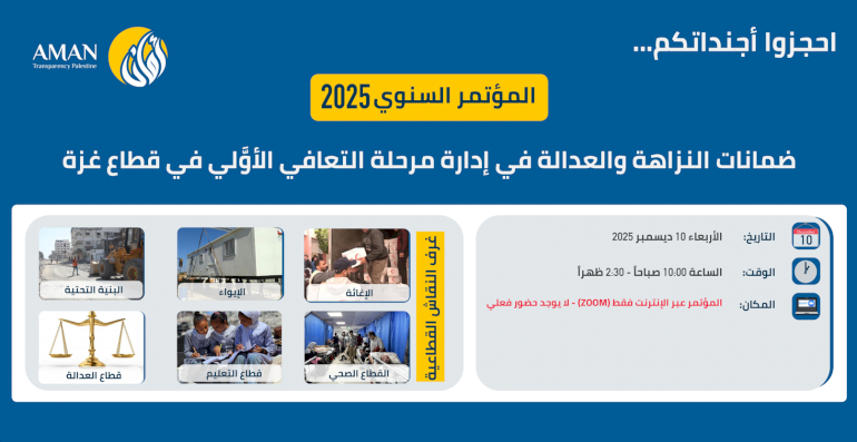 مؤتمر أمان السنوي 2025 بعنوان: "ضمانات النزاهة والعدالة في إدارة مرحلة التعافي الأوَّلي في قطاع غزة"