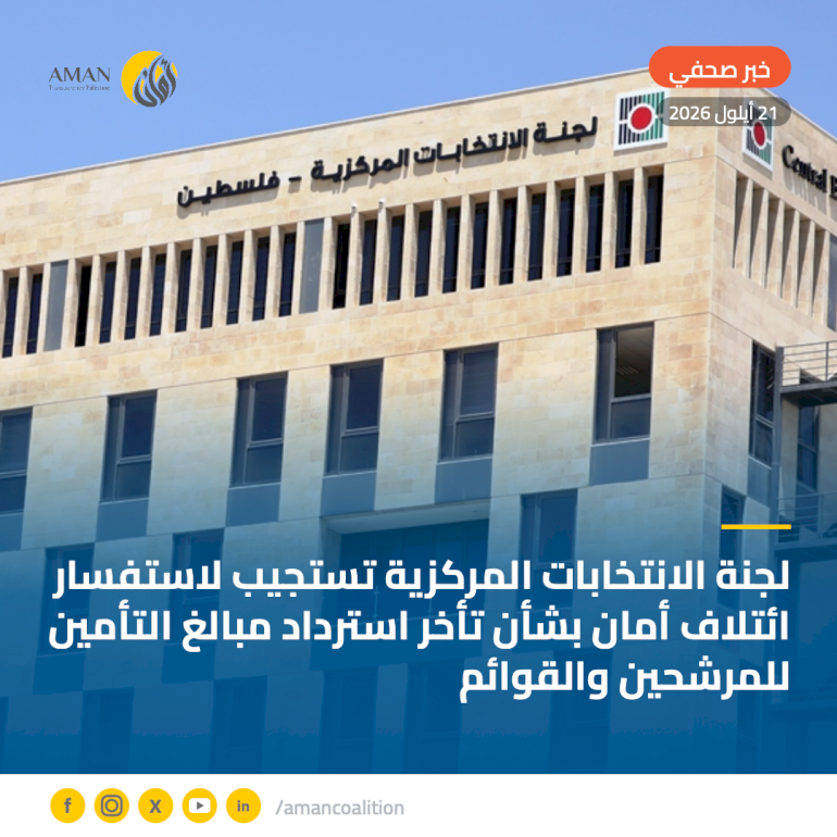 لجنة الانتخابات المركزية تستجيب لاستفسار ائتلاف أمان بشأن تأخر استرداد مبالغ التأمين  للمرشحين والقوائم